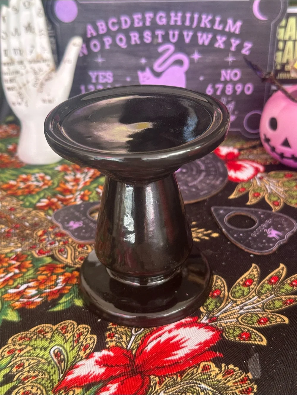 Black Ceramic Pillar Candle Holder | Gothic Altar Décor